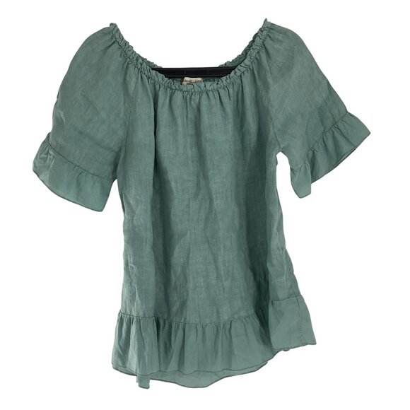 Terzo Millennio Green Off-Shoulder Top short sleeve linen blouse Ruffle casual - Picture 1 of 7